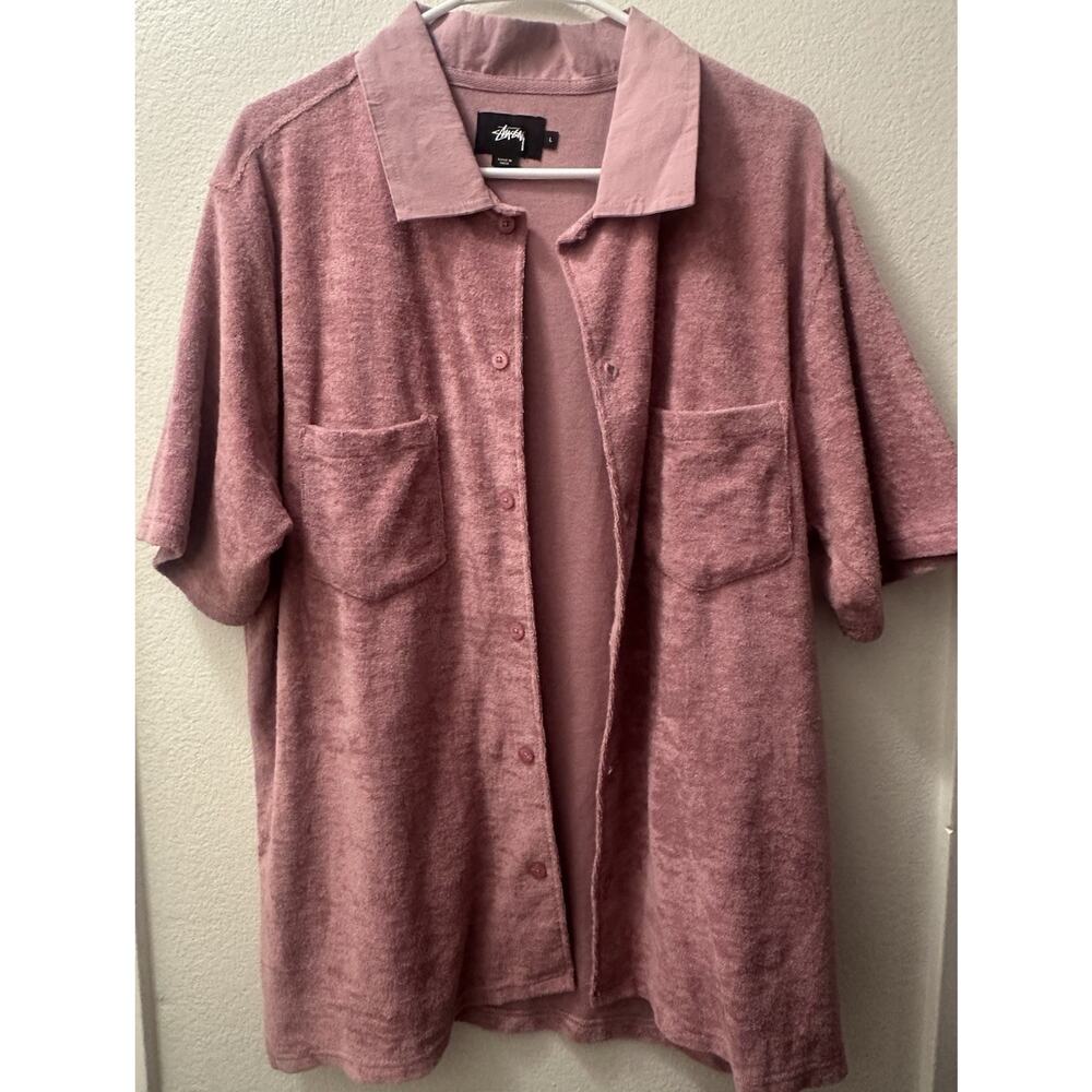 Stüssy velvet Y2K Pink Solid Terrycloth Short Sleeve Point Collar Button Shirt L